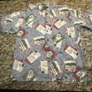 Consensus Sportswear‎ Mens XL Tropical Postcard Print Shirt Cotton Rayon Grey XL